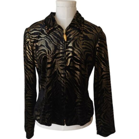 Vintage Joseph Ribkoff trends black and gold velvet zebra print cardigan - Picture 1 of 10